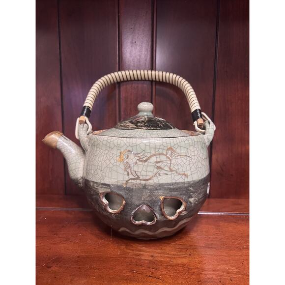 Otagiri Somaware Somayaki Gray-Green Heart Double Walled Tea Kettle 1940s - Picture 1 of 9